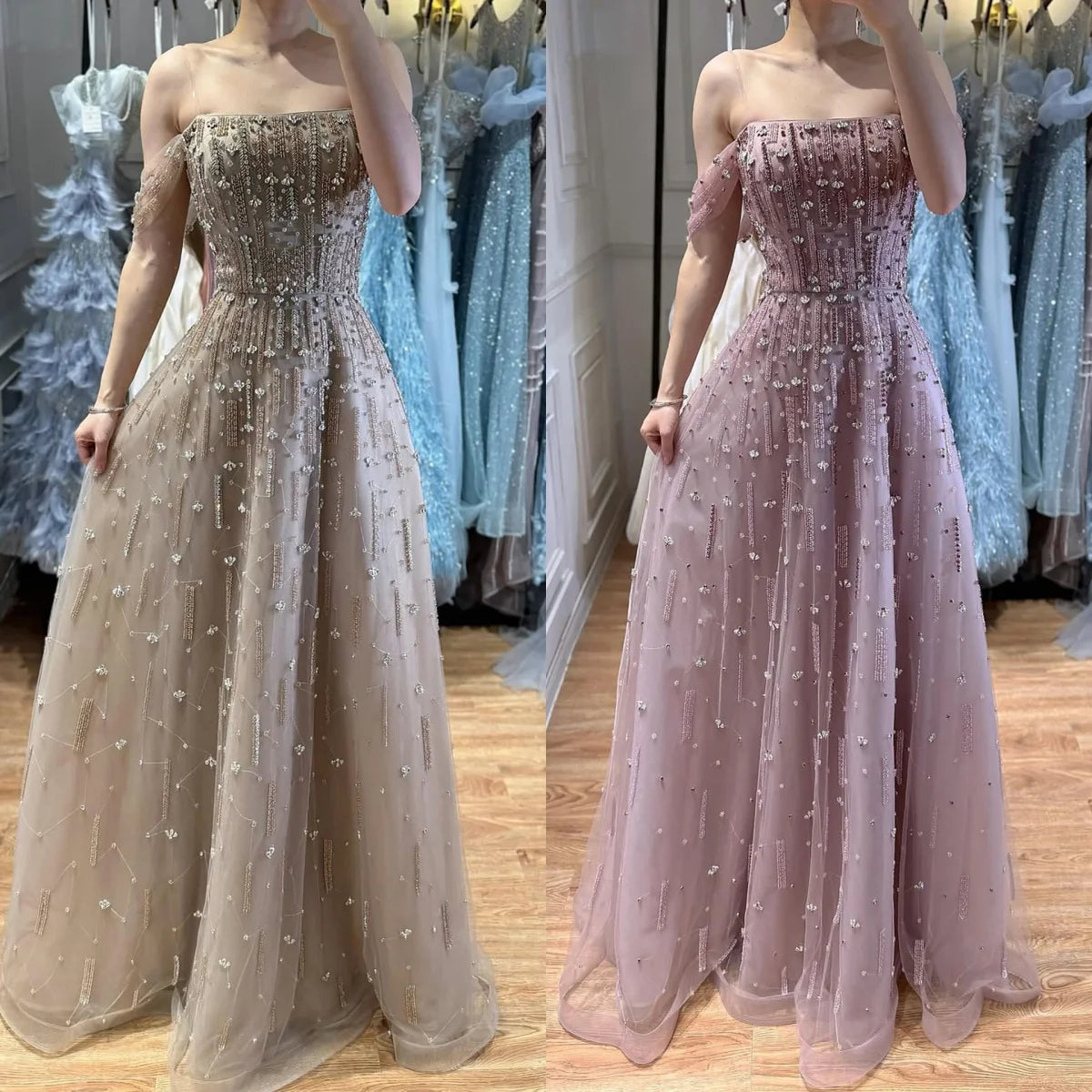 Serene Hill Caramel Beaded Off Shoulder A Line Evening Gown For Prom
