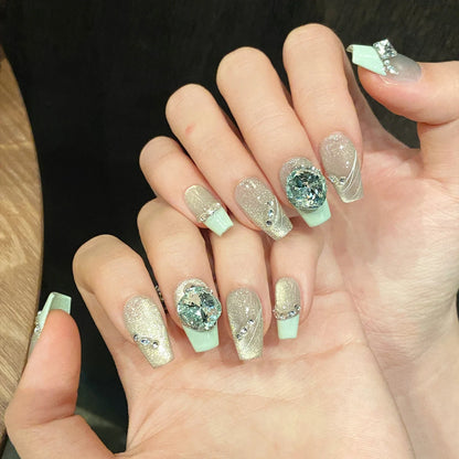 10 uñas postizas de verano, frescas y hechas a mano, color verde menta, con diseño de ojo de gato y diamantes brillantes, estilo francés simple. 