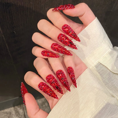 10 uñas postizas de lujo con brillantes y diamantes de imitación, hechas a mano, color rojo, largas, de cobertura completa, estilo Y2k, para verano. 