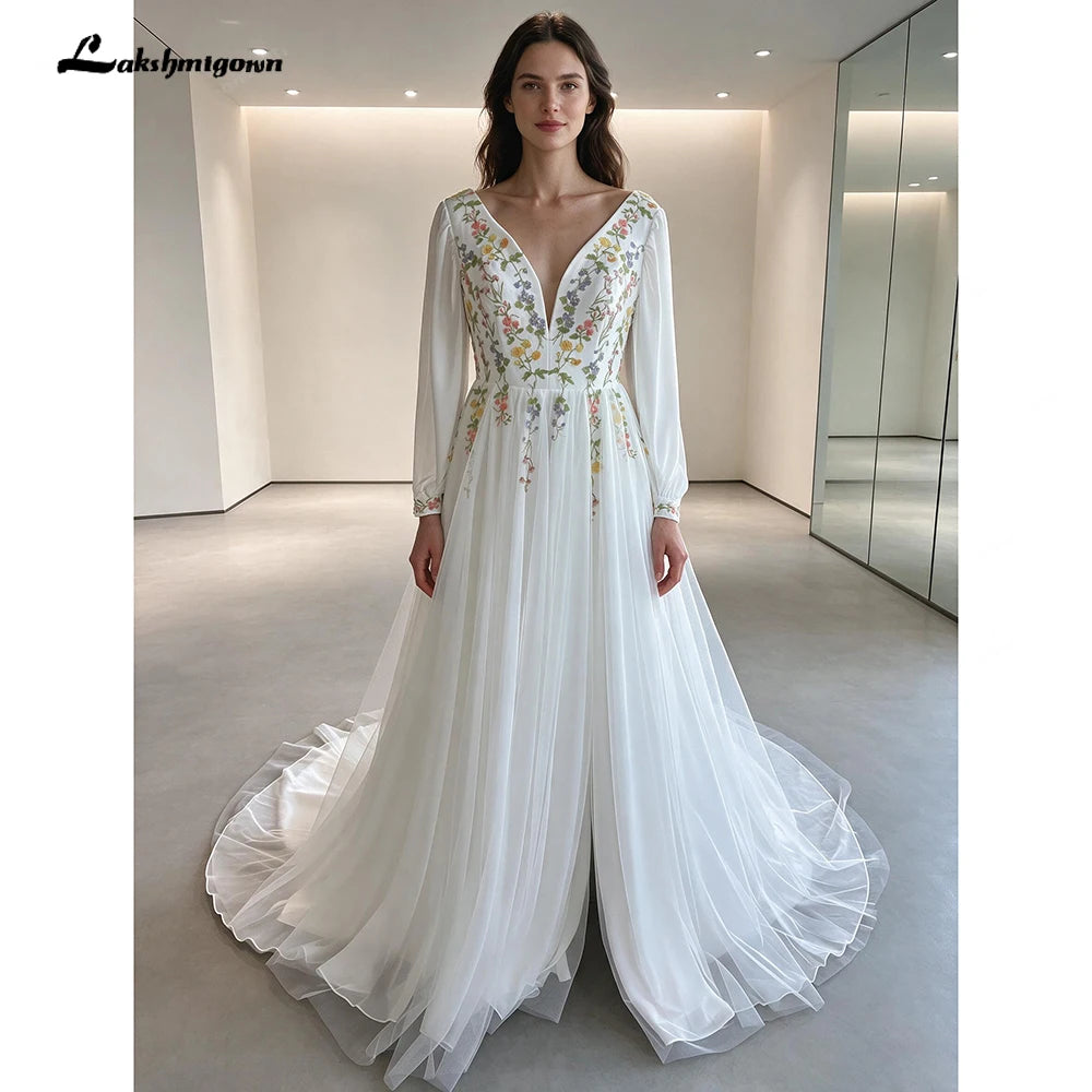 Customized Chiffon Embroidered Bridal Gown With Puff Sleeves And Lace Up Back