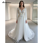 Customized Chiffon Embroidered Bridal Gown With Puff Sleeves And Lace Up Back