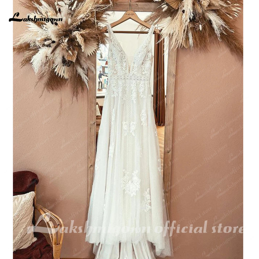 Boho Lace Applique Wedding Dress With Plunging V Neck For Beach Brides