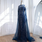 Navy Blue Cold Shoulder Mermaid Beaded Custom Evening Dress With Cape Sleeves