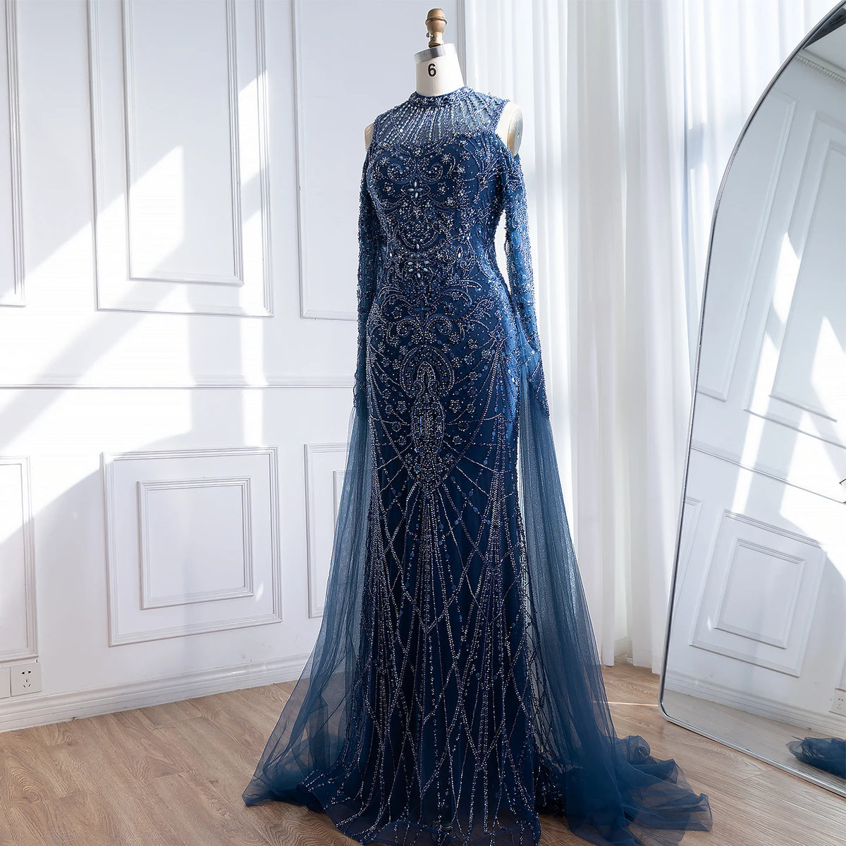 Navy Blue Cold Shoulder Mermaid Beaded Custom Evening Dress With Cape Sleeves