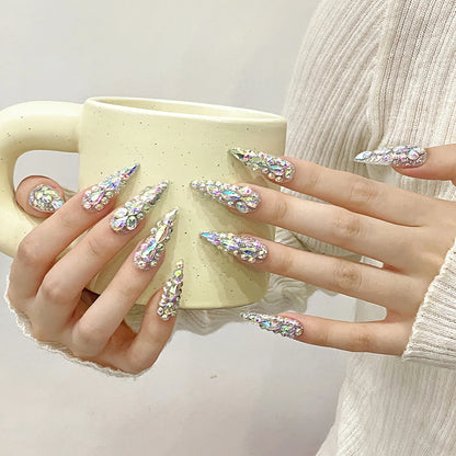 10 uñas postizas hechas a mano con diamantes brillantes, ligeras, de lujo, largas y puntiagudas, cobertura completa, uñas postizas Y2k, regalos de Año Nuevo. 