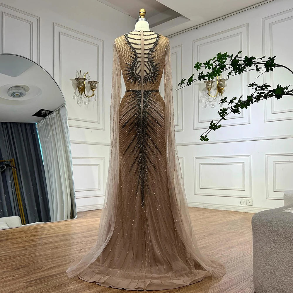 Serene Hill Caramel Beaded Mermaid Evening Gown With Cape Sleeves For Women
