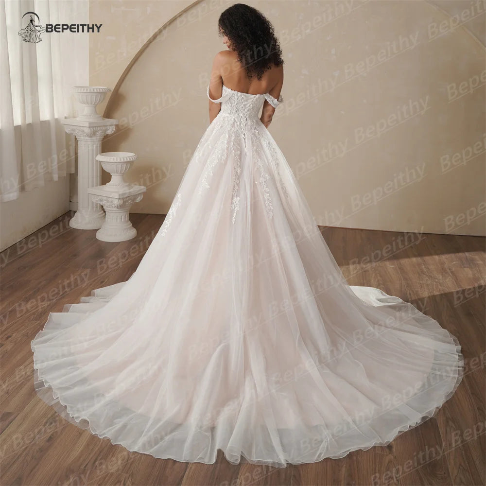 Elegant Champagne Lace Wedding Dress Strapless Boho Bridal Gown 2025