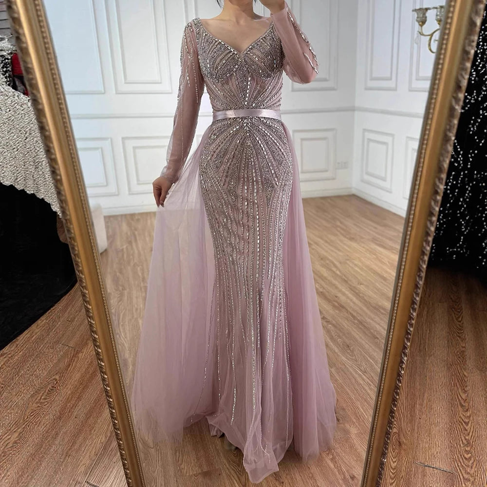 Pink V Neck Long Sleeve Beaded Evening Dress With Detachable Overskirt