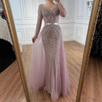 Pink V Neck Long Sleeve Beaded Evening Dress With Detachable Overskirt