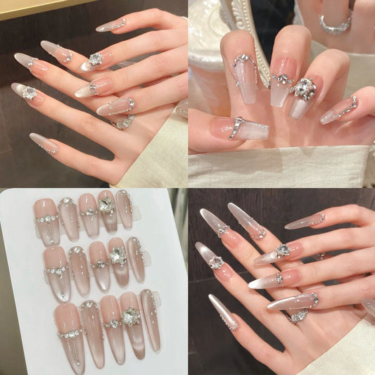 10 uñas postizas hechas a mano, color nude puro, ojo de gato, rosa claro, brillantes, estilo francés, para usar. 