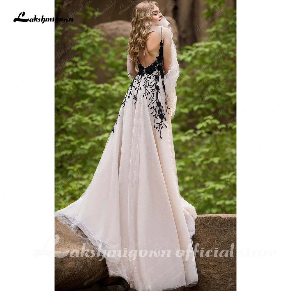 Custom Made Lace Black Ivory V Neck Open Back Wedding Dress