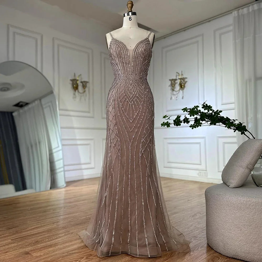 Caramel Mermaid Arabic Evening Dress With Beaded Cape Sleeves For Party