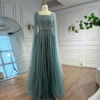 Women Turquoise Beaded Evening Gown Square Collar Cape Sleeves
