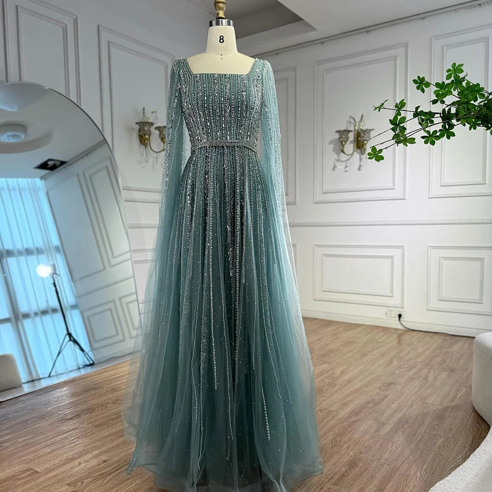 Women Turquoise Beaded Evening Gown Square Collar Cape Sleeves