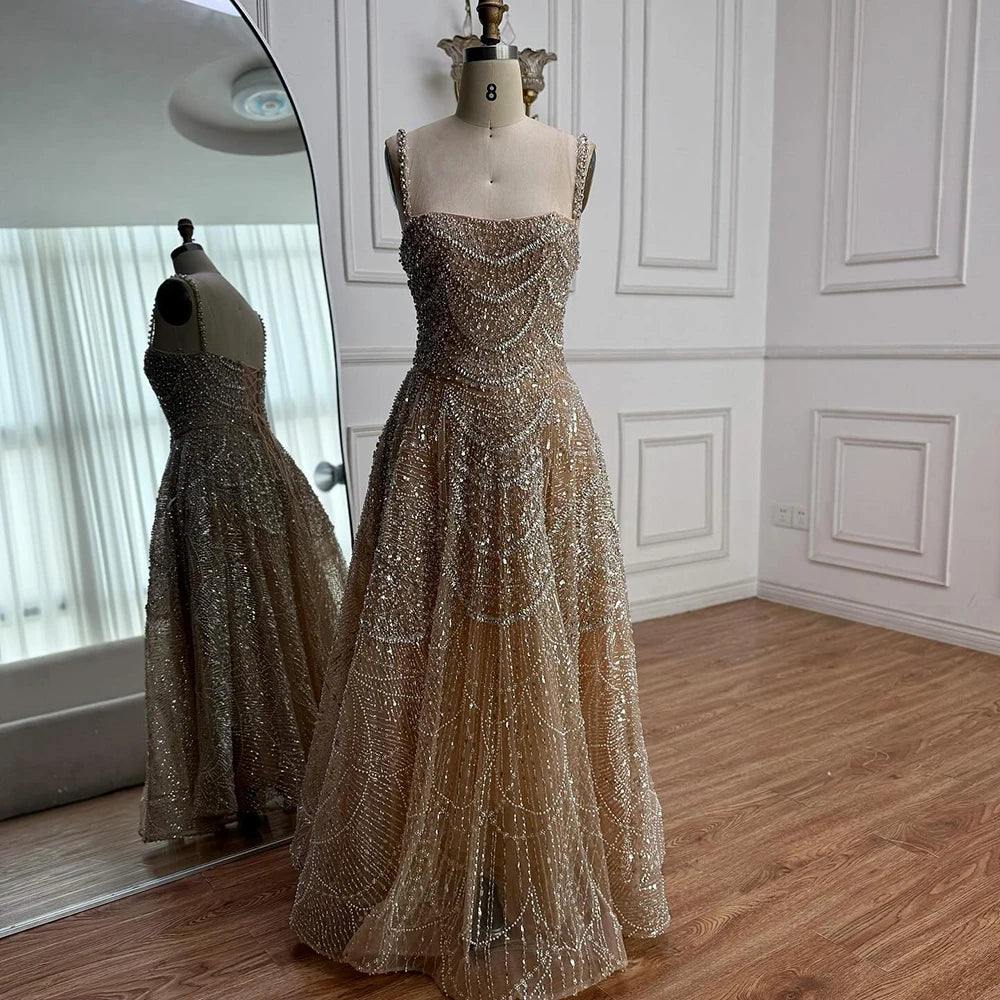 Serene Hill Customized Nude Prom Dress Spaghetti Strap Lace-up Back Evening Gown Crystal Beaded Party Gwons for Women DLA72983A