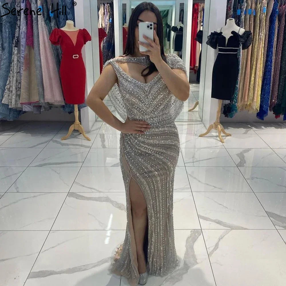 Customized Silver Beaded Mermaid Evening Dress Wedding Gown For Women
