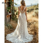 Custom Cap Sleeve V Neck A Line Boho Wedding Dress Lace Applique