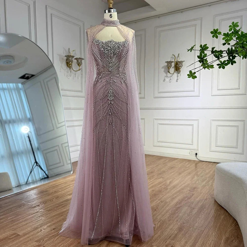 Pink Strapless Mermaid Evening Dress With Cape Beaded Custom Wedding Gown