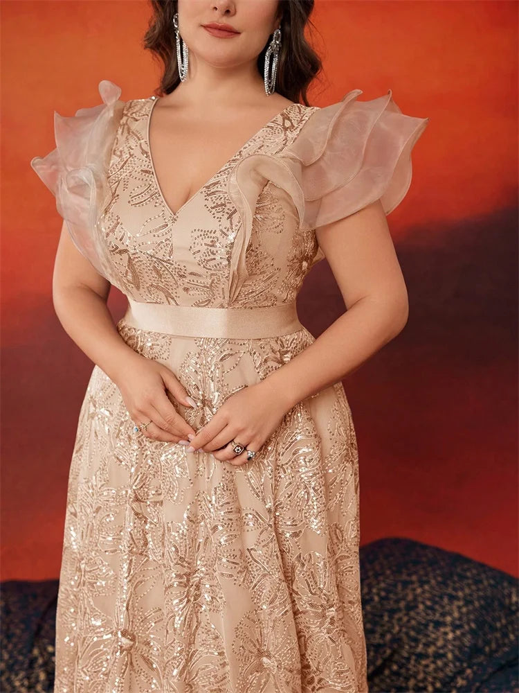 Vestido de noche gris con lentejuelas, escote en V y talla grande BLUEPLUM, elegante para mujer, espalda en V, vestido largo para boda, fiesta, baile de graduación y cóctel