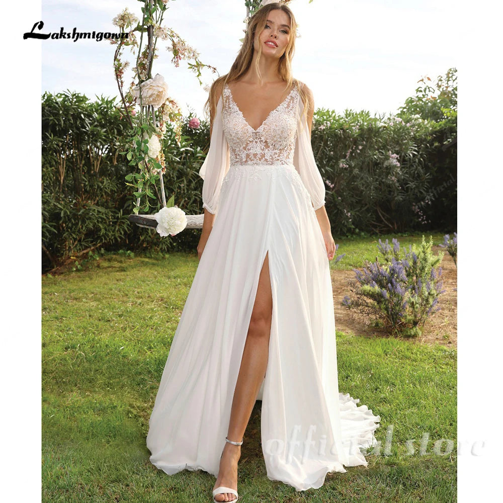 Illusion Off Shoulder Wedding Dress Side Split Long Sleeve Bridal Gown Custom