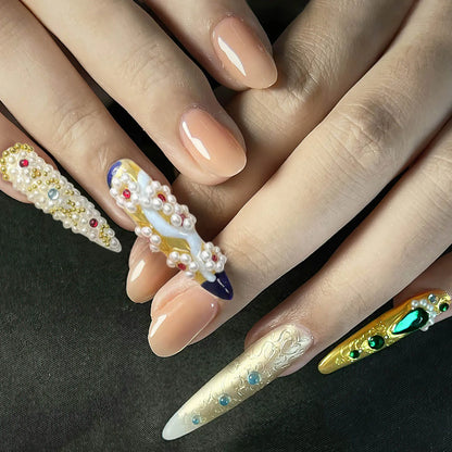 10 uñas postizas hechas a mano, estilo chino vintage, almendradas y largas, de lujo, con punta larga, artificiales. 