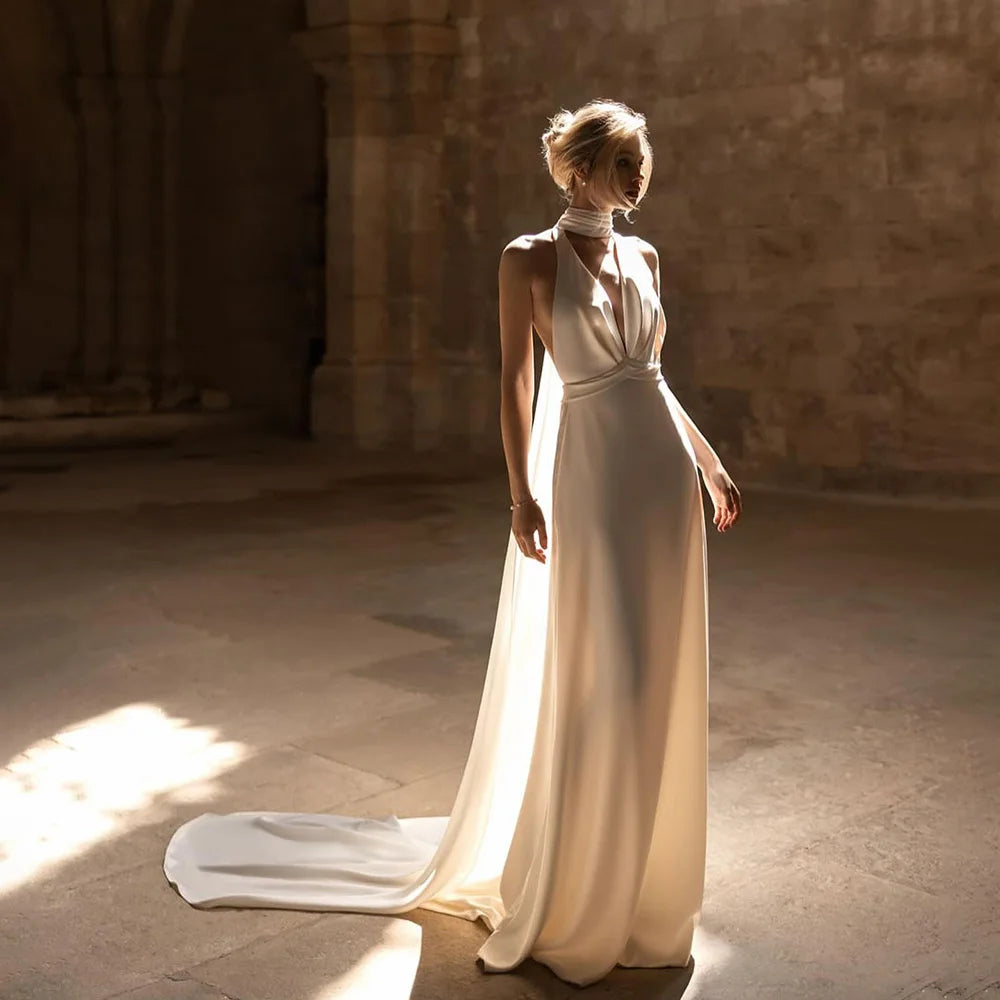 Elegant Satin Halter Mermaid Wedding Dress Backless Deep V Neck Gown