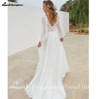 Custom Chiffon Wedding Dress V Neck A Line Bridal Gown With Puff Sleeves