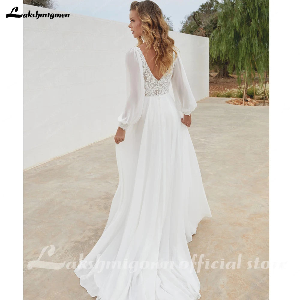 Custom Chiffon Wedding Dress V Neck A Line Bridal Gown With Puff Sleeves