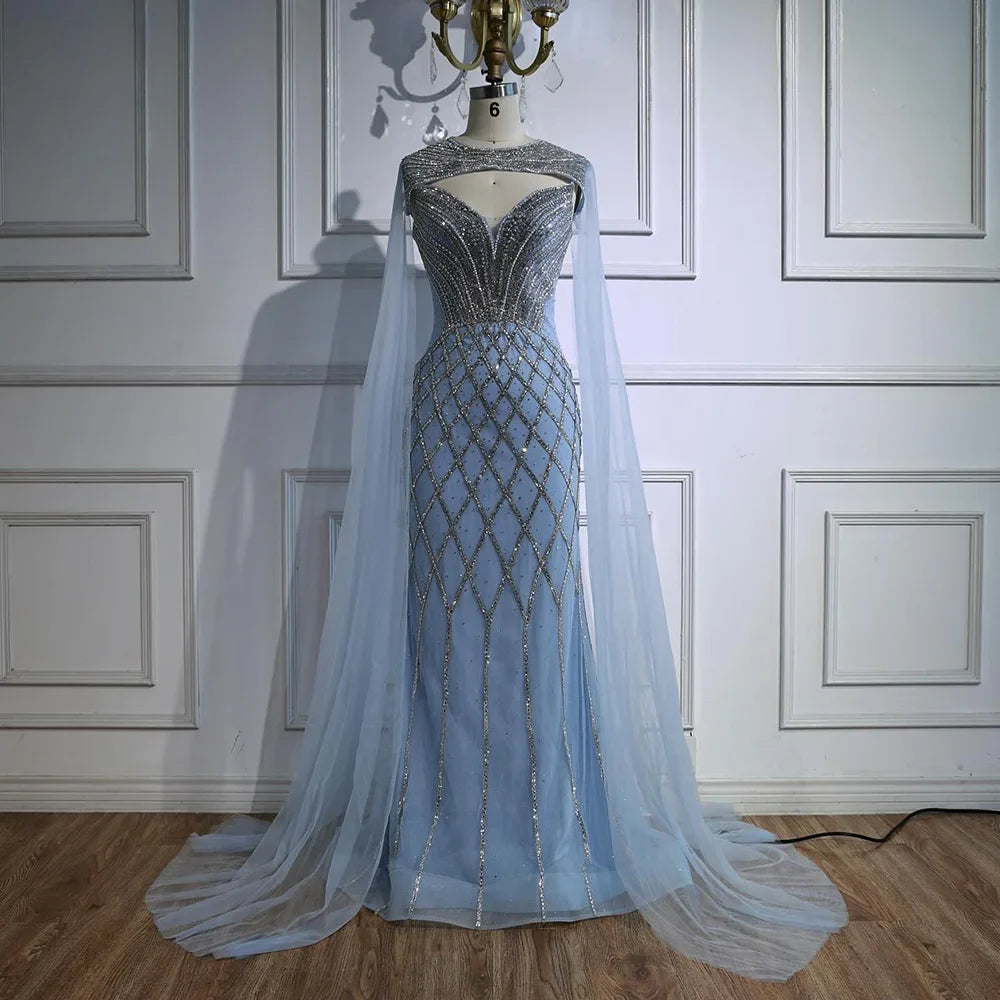 Luxury Nude Beaded Mermaid Evening Dress with Cape LA72814