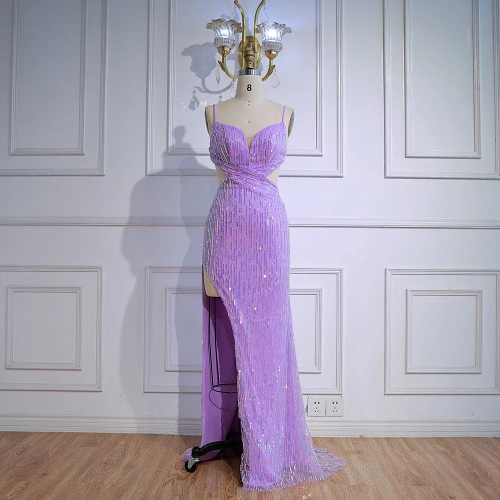 Vestido de gala lujoso morado con lentejuelas, abertura y cintura recortada LA73000