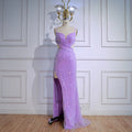 Vestido de gala lujoso morado con lentejuelas, abertura y cintura recortada LA73000