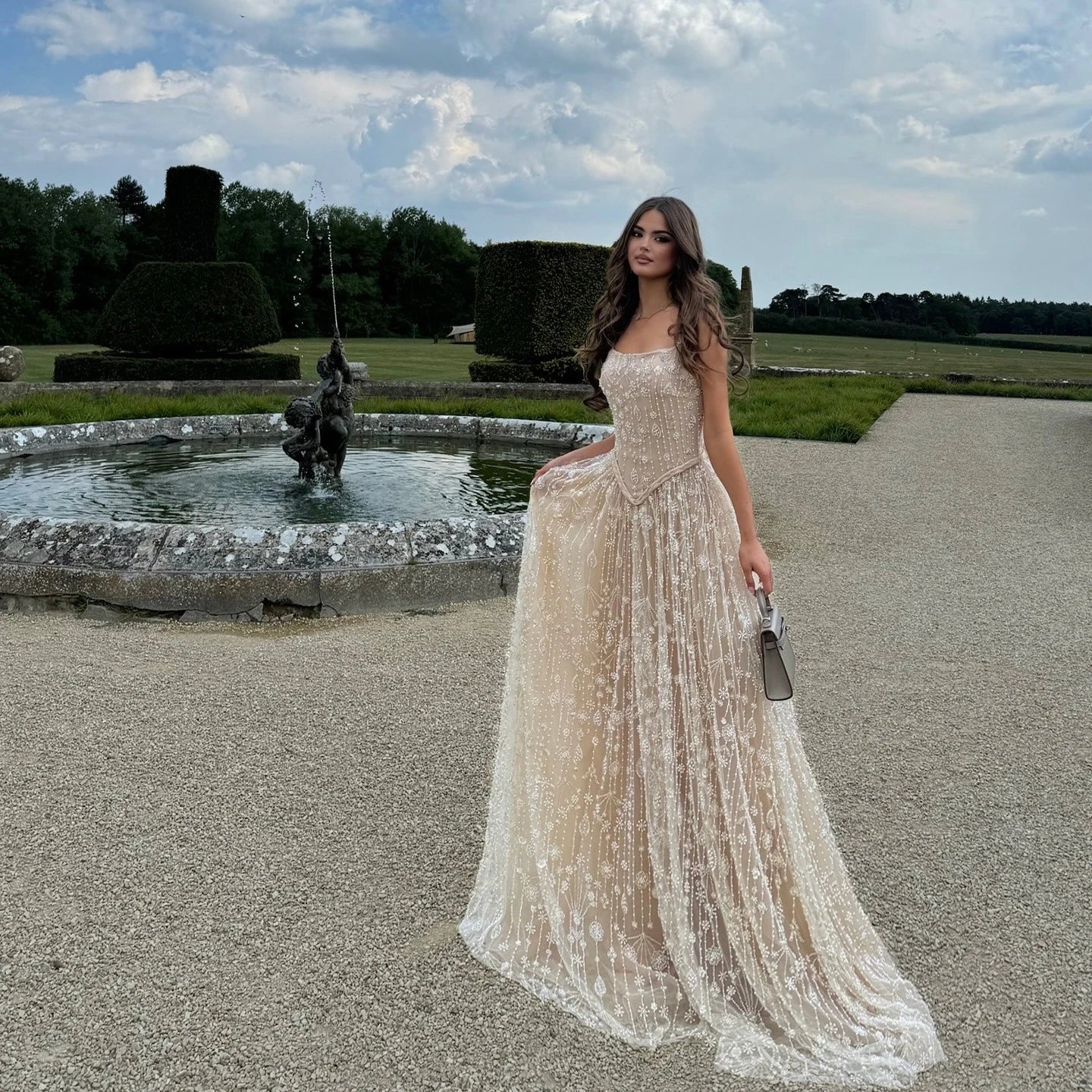 Luxury Sage Green Beaded A-Line Spaghetti Strap Evening Dress LA72805