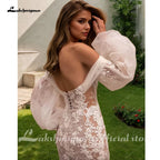 Custom Mermaid Wedding Dress Lantern Sleeves Beaded Tulle Chapel Train