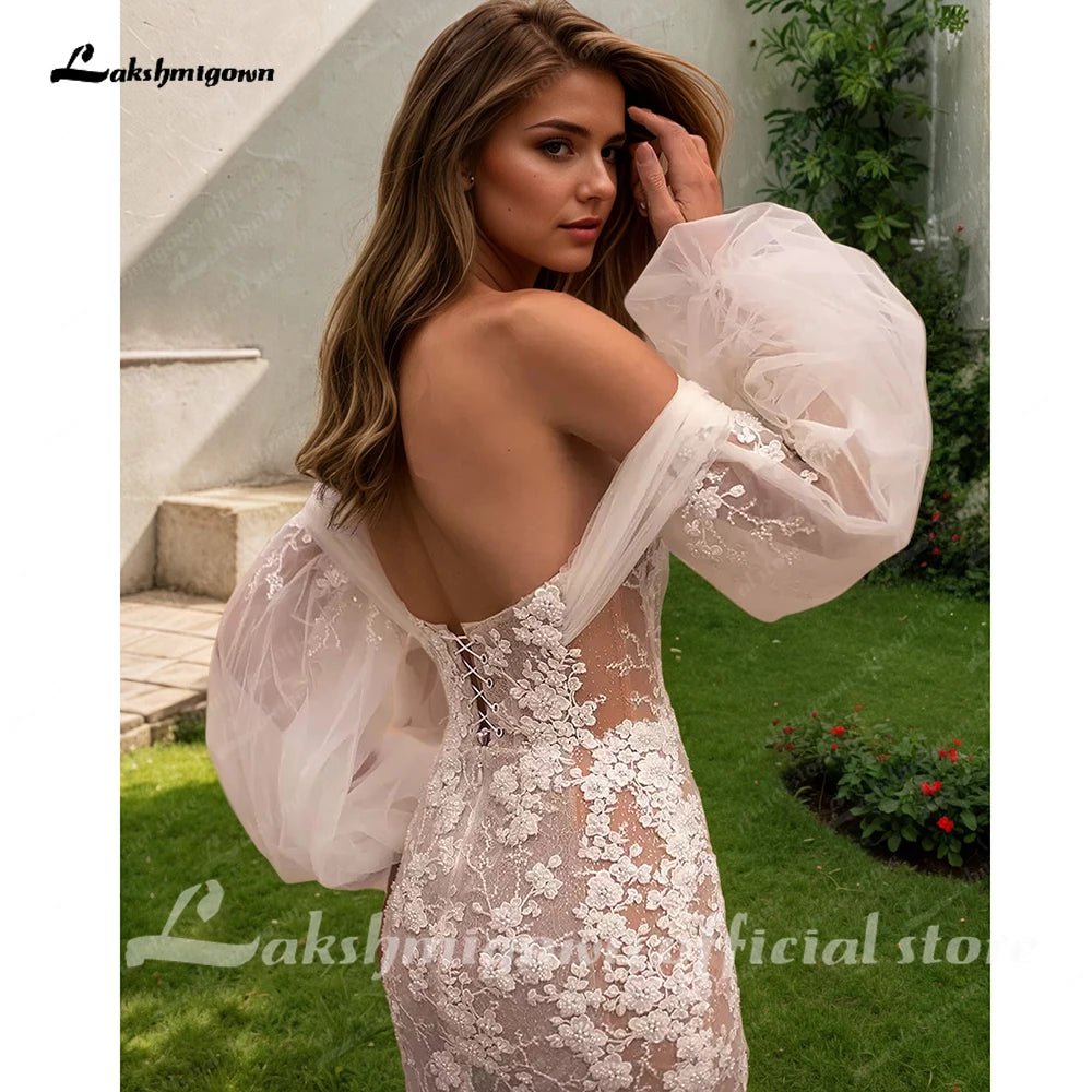 Custom Mermaid Wedding Dress Lantern Sleeves Beaded Tulle Chapel Train