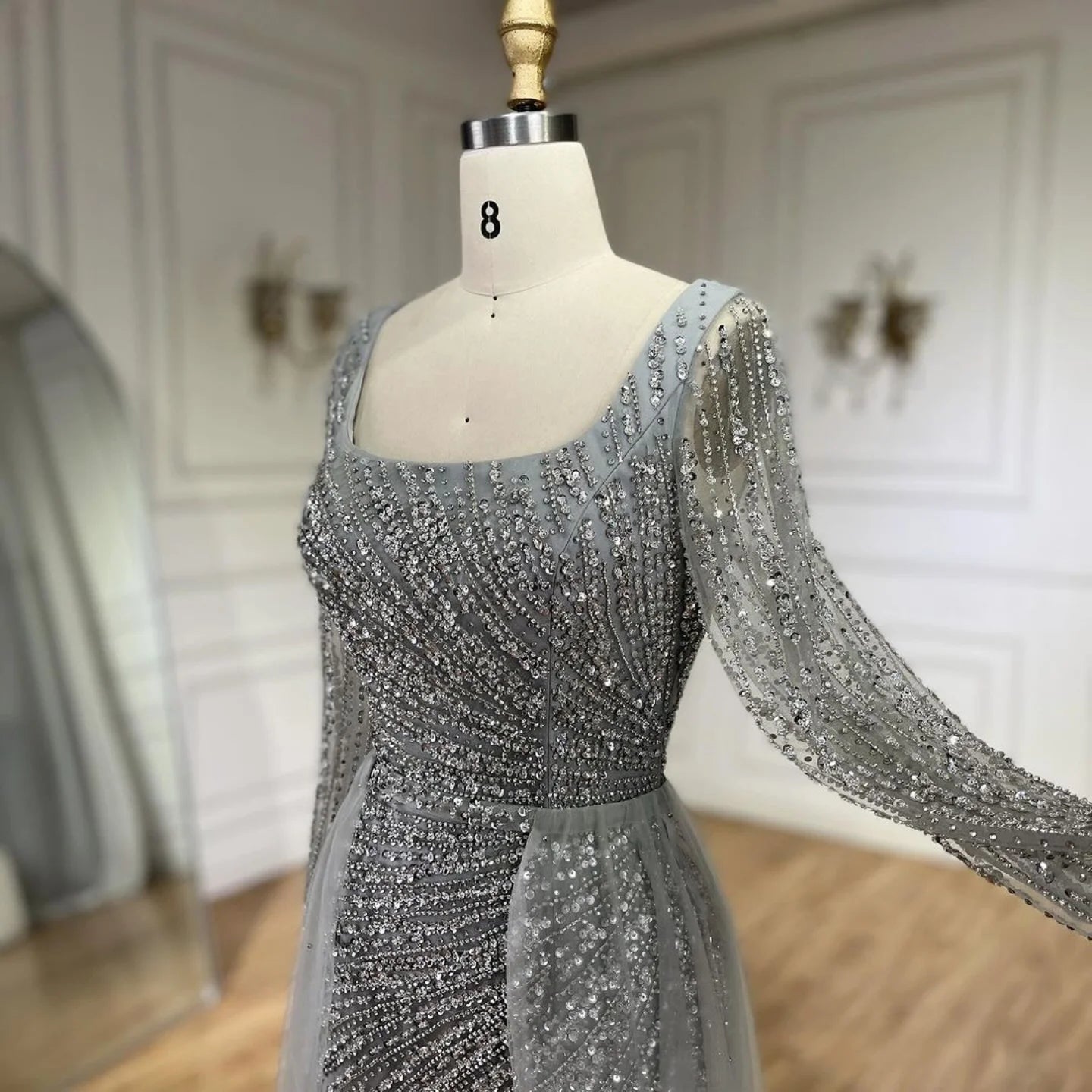 Custom Silver Beaded Mermaid Evening Dress Detachable Skirt Formal Gown Women