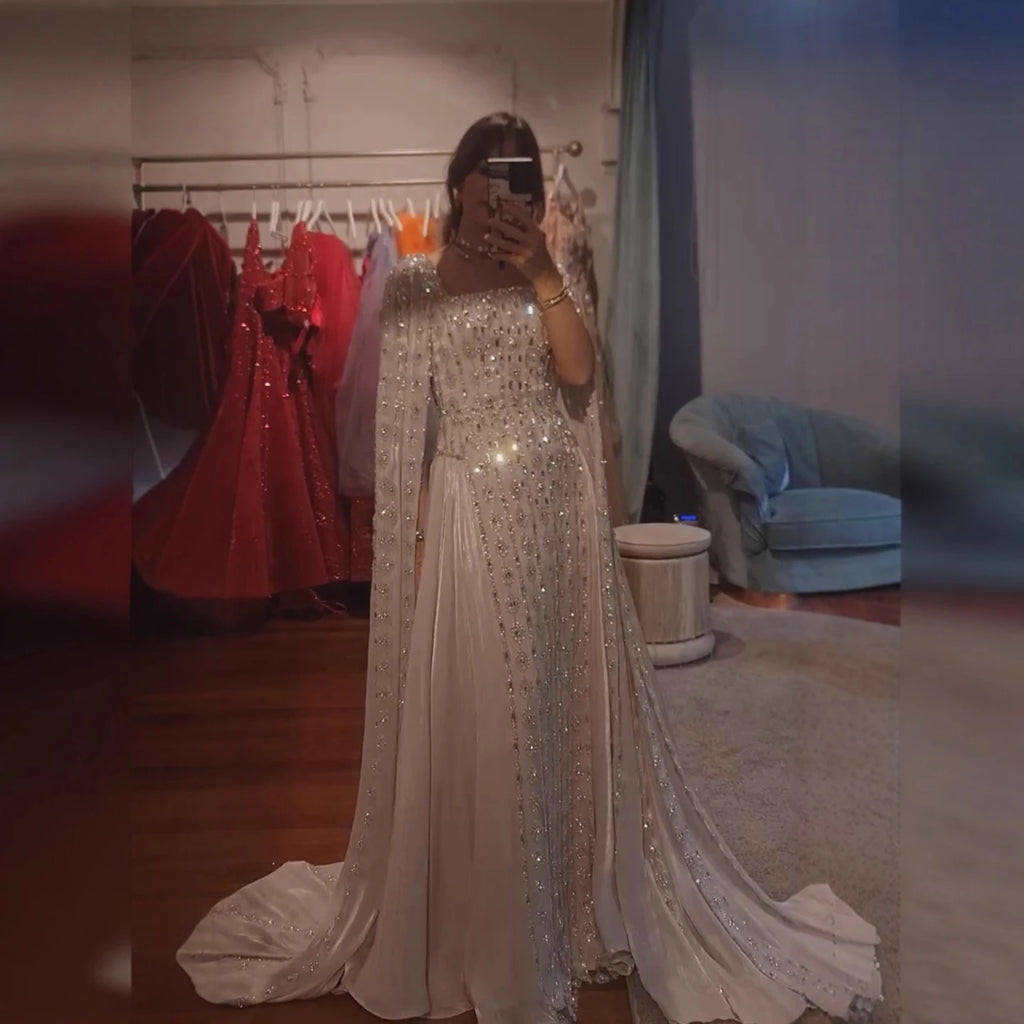 Luxury Beaded Evening Gown Cape Sleeve Square Neck Custom Muslim Wedding Dress