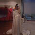 Luxury Beaded Evening Gown Cape Sleeve Square Neck Custom Muslim Wedding Dress