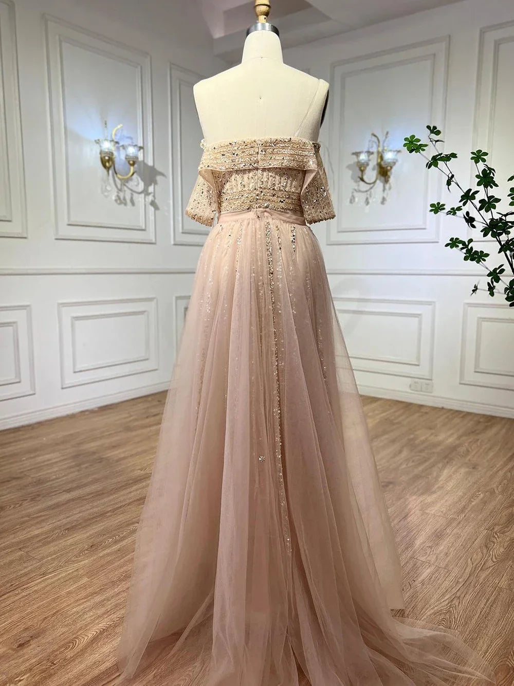 Custom Turquoise Off Shoulder Beaded Mermaid Overskirt Evening Gown For Women