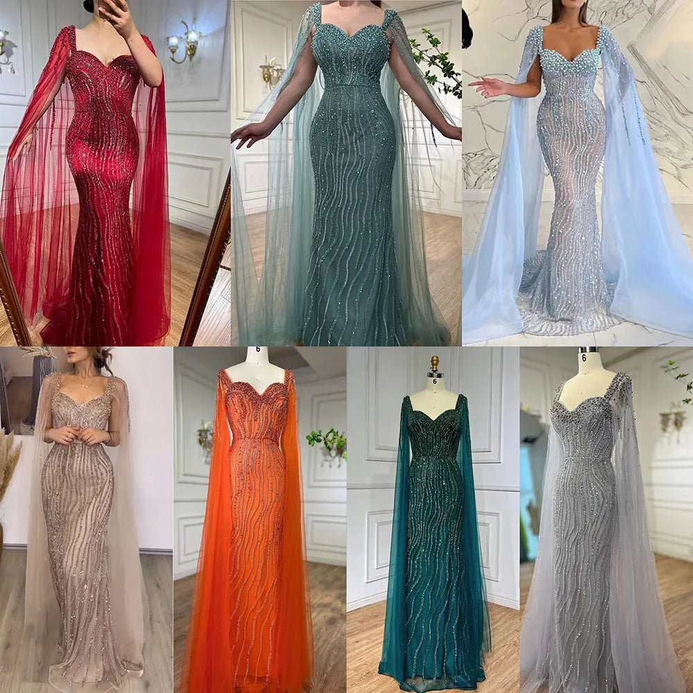 Blue Mermaid Beaded Evening Dress with Cape Sleeves Custom Wedding Gown