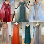 Blue Mermaid Beaded Evening Dress with Cape Sleeves Custom Wedding Gown
