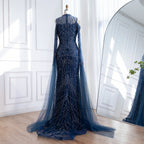 Navy Blue Cold Shoulder Mermaid Beaded Custom Evening Dress With Cape Sleeves