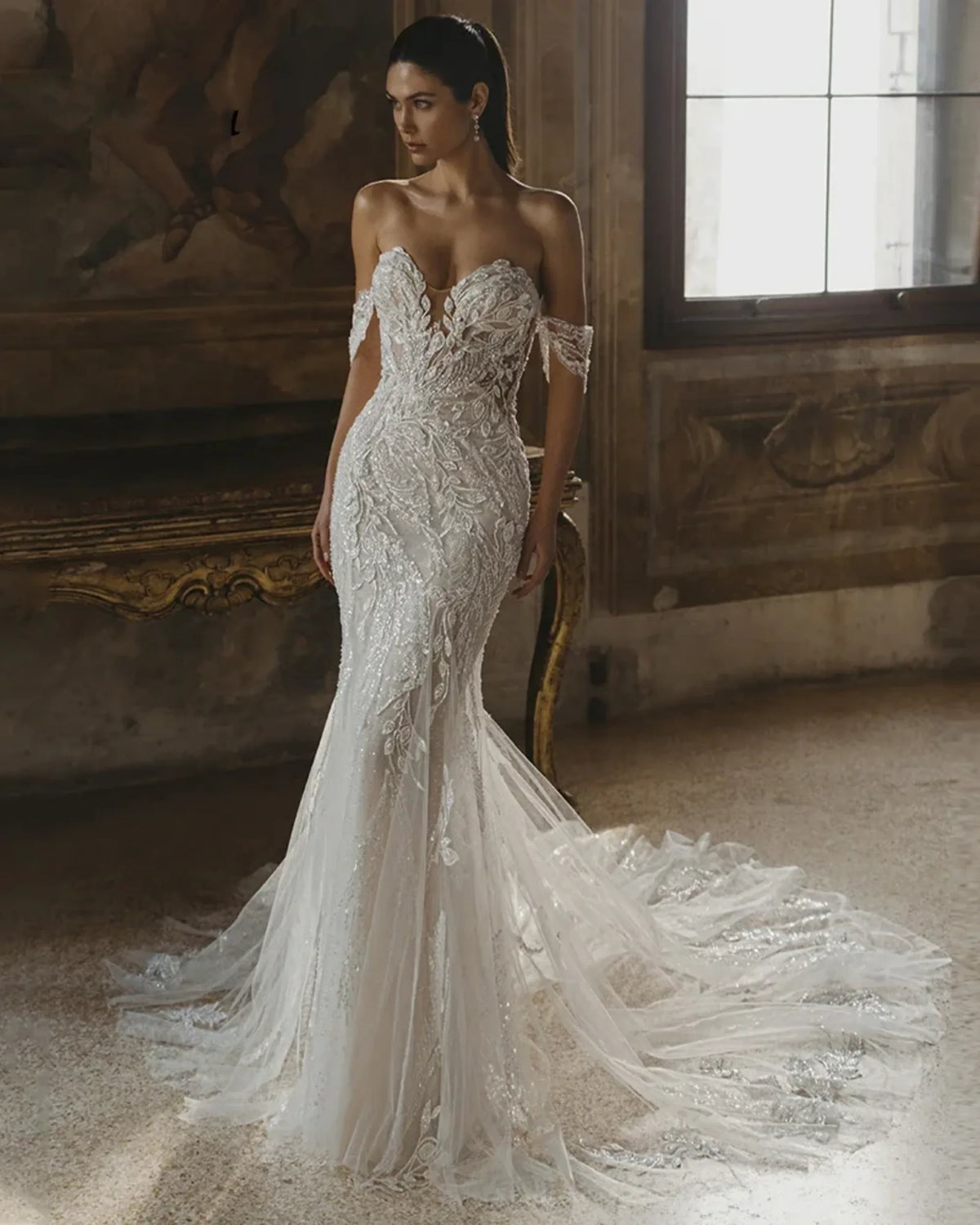 Custom Mermaid Wedding Dress Backless Lace Appliques Off Shoulder Sweetheart