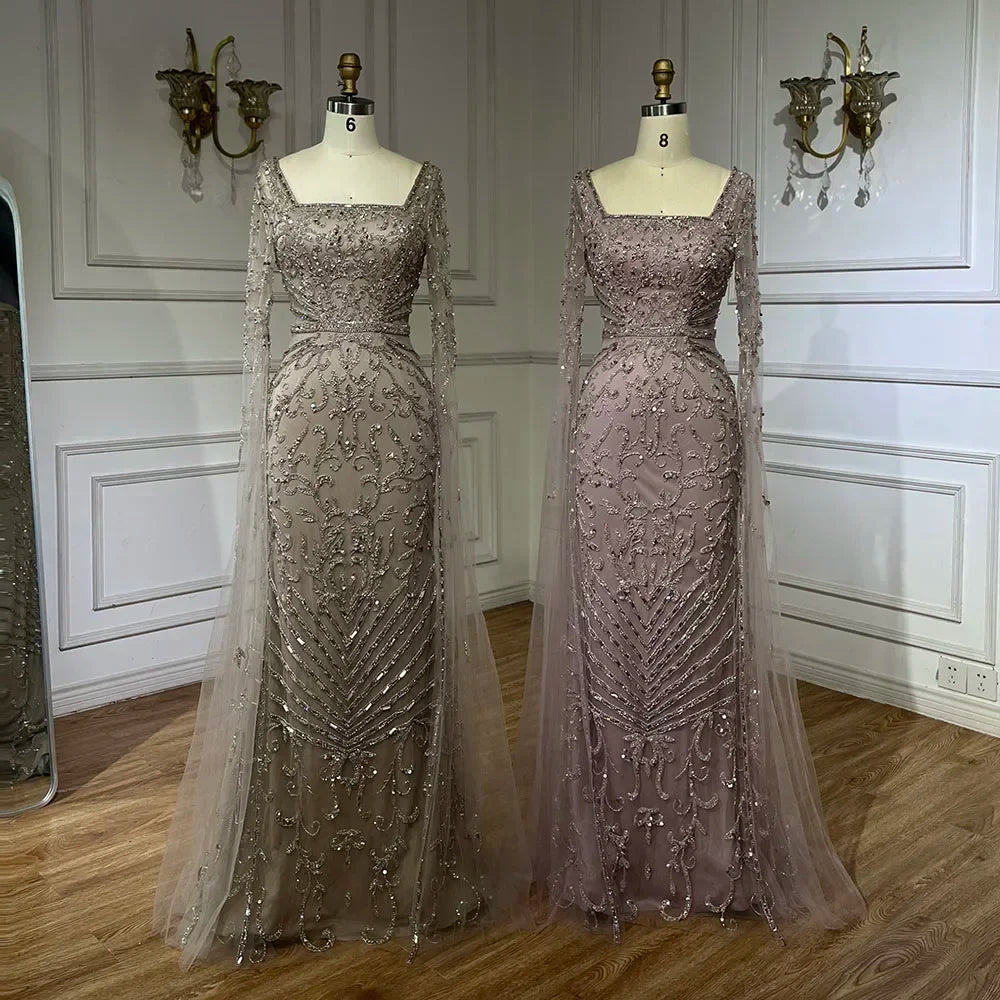 Pink Mermaid Evening Dress With Beaded Cape For Wedding