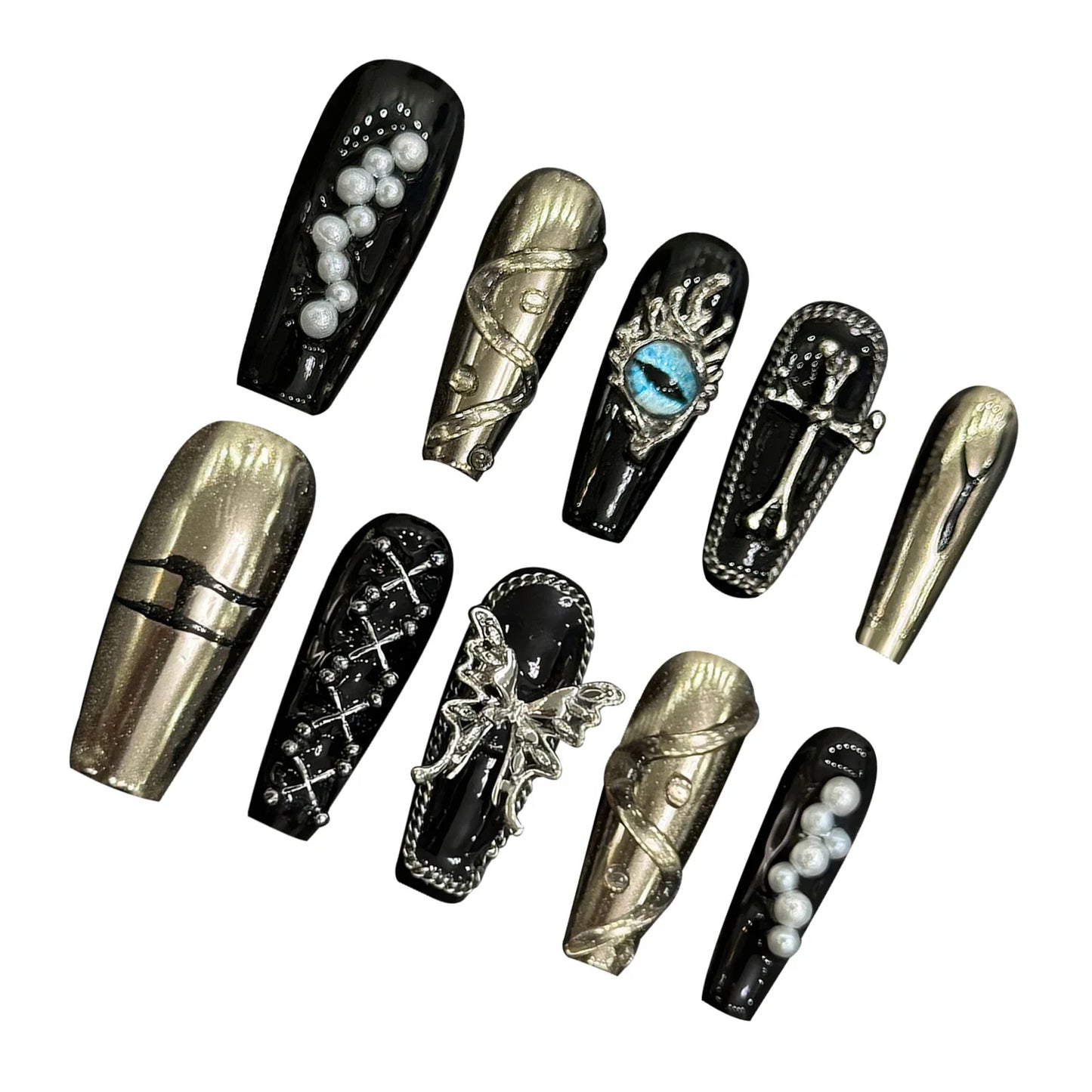 10 uñas postizas negras oscuras hechas a mano, de longitud media, estilo Y2k, con diseños de mariposas, cruces y perlas de metal, parches para uñas postizas. 