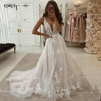 Elegant Boho Lace V Neck Spaghetti Strap Bridal Wedding Gown Custom Made