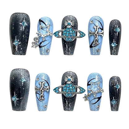 10 uñas postizas estilo Y2k, hechas a mano, en azul brillante, con diseños de cruz de diamantes brillantes, uñas postizas desmontables. 