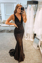 Abito lungo formale nero con pizzo e perline a sirena, scollo a V, abito da sera Y78