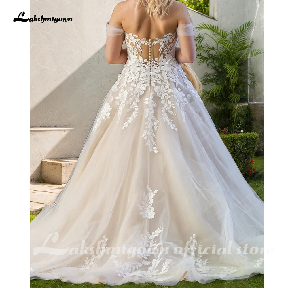 Womens Off Shoulder Lace Applique Beach Wedding Dress Boho Bridal Gown Custom