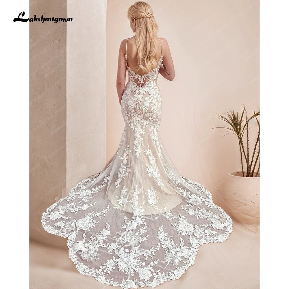 Custom Made Champagne Lace Mermaid Wedding Dress With Spaghetti Straps