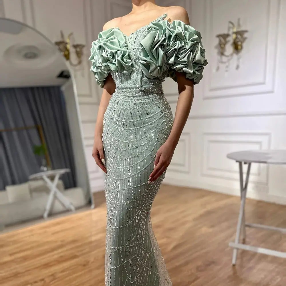 Serene Hill Sage Green Off Shoulder Mermaid Arabic Evening Gown